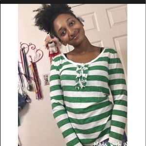 Long sleeve green and white striped top.